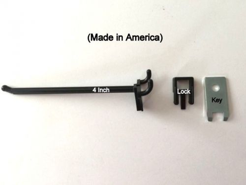 (100 PACK) 4 Inch Locking Black Plastic Peg Hooks Fit 1/8-1/4 Pegboard 6 Key inc