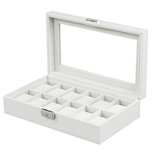 Songmics white 12 leather mens watch box glass top watch display case organiz... for sale