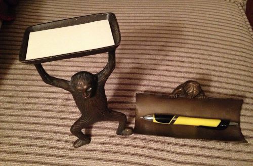 Vintage Brass Monkey Office Desk Accessories Set - Card Holder &amp; Pen Holder