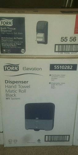 3 Elevation black Hand towell dispenser and 1 unused Tork Bath Tissue Dispenser