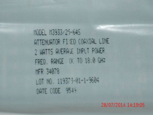 New Midwest #M3933/25-64S Screened DC-18.0GHz 3db 2W SMA RF Microwave Attenuator
