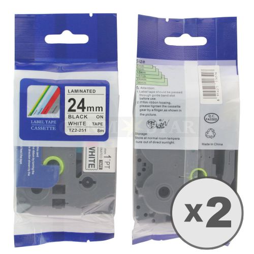 2pk White on Black Tape Label for Brother P-Touch TZ TZe 251 24mm 1&#034; 26.2ft