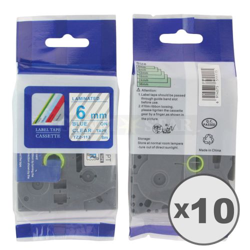 10pk blue on transparent tape label compatible for brother ptouch tz tze113 6mm for sale