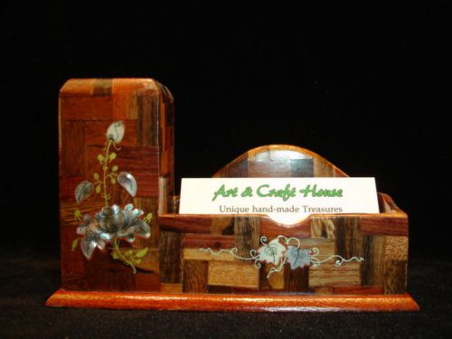 NEW Hand Carved Wood Art Mother Of Pearl inlaid Pen Card Holder Home Office ROSE