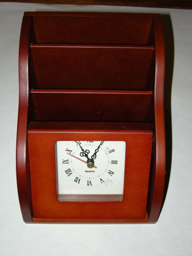 Wood Desk Clock with Three-Opening Letter Organizer