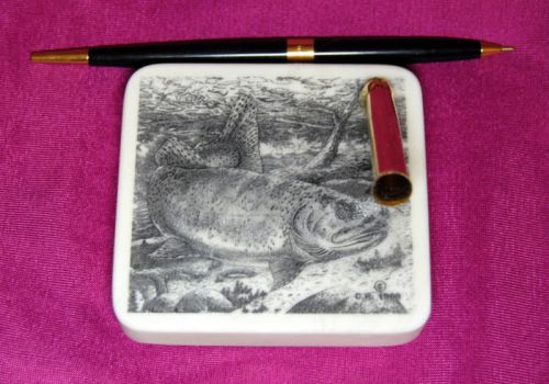 Wildlife Fish Etched Montana Marble Desk Pen Holder Set