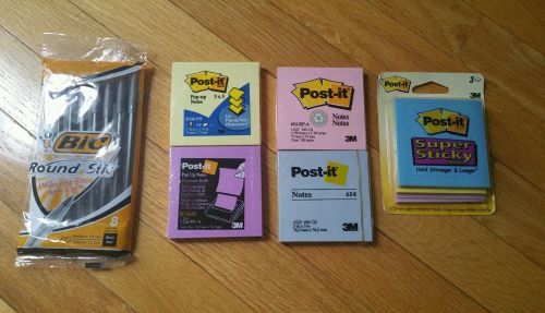 Lot NEW 3m Post-it sticky notes 2 dispenser, 2 regular, 3 super sticky +BIC pens