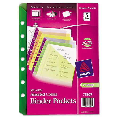 Small Binder Pockets, Standard, 7-Hole Punched, Assorted, 5 1/2 x 8 1/2, 5/Pack