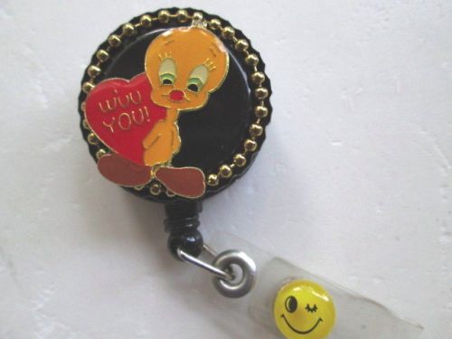YELLOW BIRD ID BADGE REEL AND SMILEY FACE ON VINYL STRAP,MEDICAL,TEACHER,OFFICE