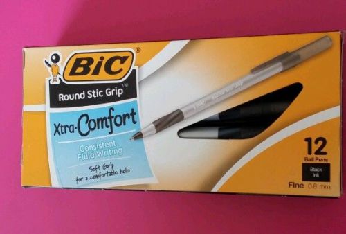 Bic Round Stic Grip Xtra Comfort- BLACK Ink Medium 1.2 mm Ball Pens *New 12 pcs.