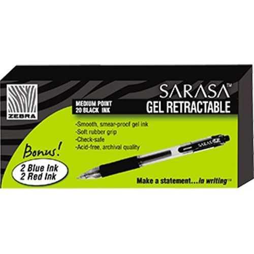Zebra Sarasa Retractable Roller Ball Gel Pen, Medium Point (0.7mm), Black, 24 ct