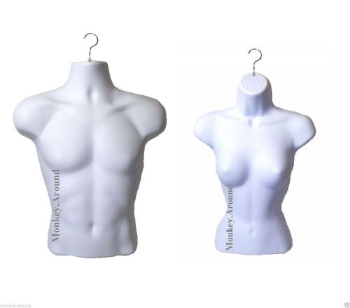 2 mannequin male + female torso body dress half form white display hanging new for sale