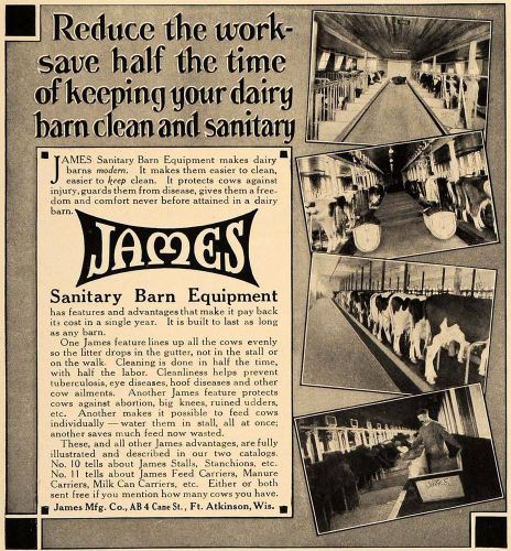 1913 ad james sanitary barn equipment cows ft. atkinson - original cl8 for sale
