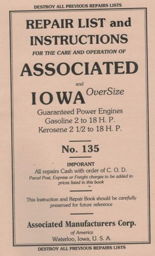 Iowa over size power associated 2 - 18 hp gas  2 1/2 - 18 h.p kerosene book for sale
