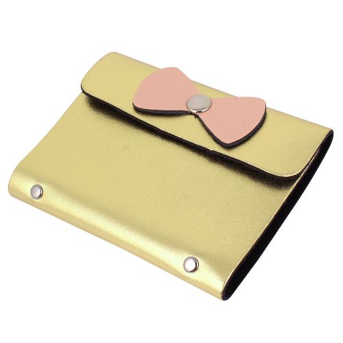 Lady Faux Leather 24 Sheet Bowtie Decor Business Name Card Holder Gold Tone