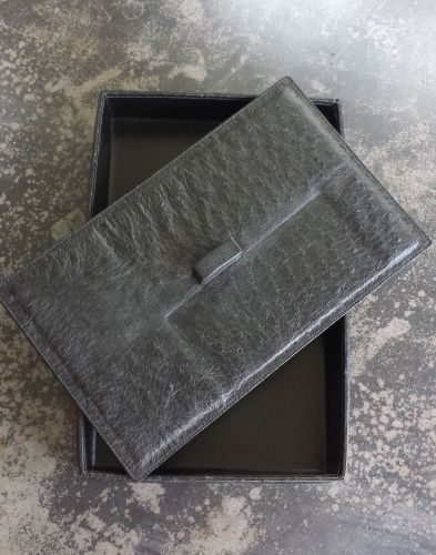 CHARLES UNDERWOOD BLACK OSTRICH LEATHER LETTER TRAY W/ LID SET $1070 RETAIL NEW