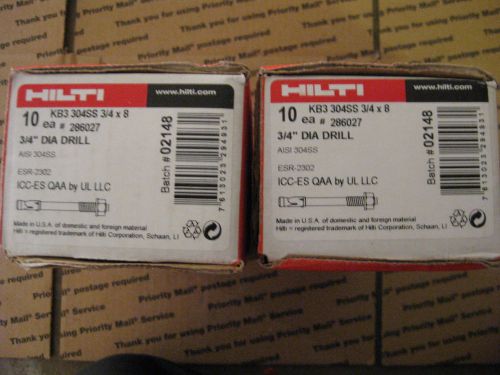 Hilti KB3 304SS 3/4in. x 8in. Stainless Steel Hex Head Wedge Anchors Qty 20