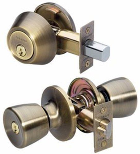 Master lock entry door knob keyed cylinder deadbolt antique brass tuco0605 for sale