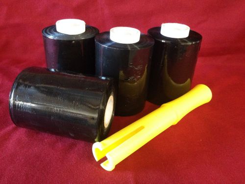 4 rolls black stretch  wrap 5x1000&#039;x80ga stretch wrap / stretch film w 1 handle for sale