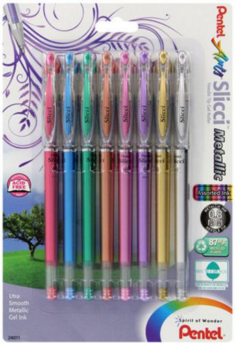 Pentel Arts ~ Slicci Metallic Pen Set ~ 8 Colors ~ Needle Tip Gel Roller 0.8mm
