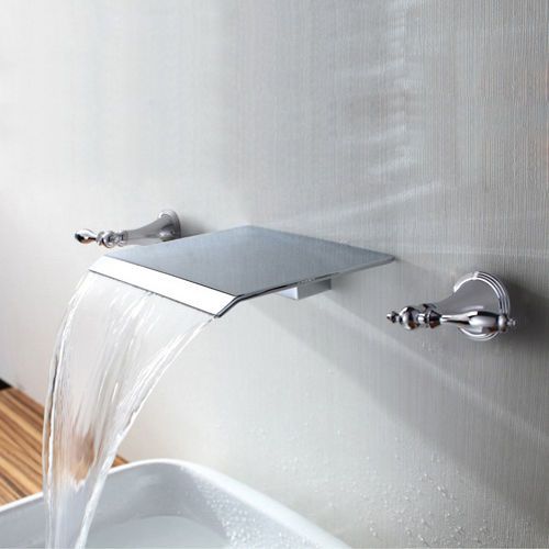 Modern 3 Hole Waterfall Wall Mounted Lavatory Widespread Sink Faucet in Chrome