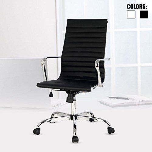 Black Chair High Back Padded Tall Ribbed Pu Leather Wheels Arm Rest Computer