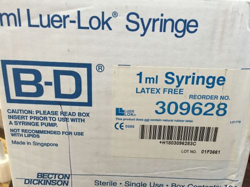 Box of 100: bd brand 1ml luer-lok tip syringes sealed sterile w/o needle 309628 for sale