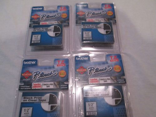 Lot of 4 BROTHER P TOUCH TZ-131 TZ131 1/2&#034; Black Print on Clear Tape 12mm