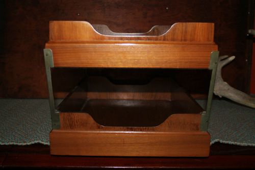 Vintage Industrial Wood 2 Tier Desk Organizer Trays In Out Box Brass