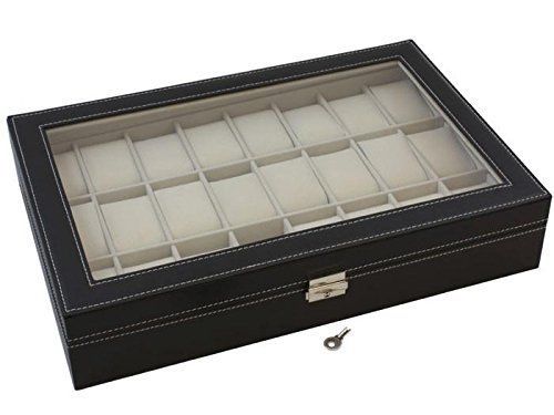 Tms black leather 24 mens watch box large glass top display jewelry case orga... for sale