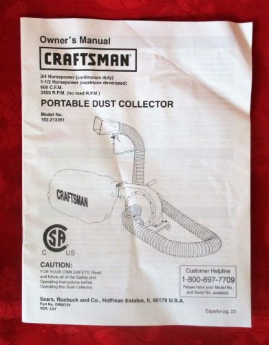 Craftsman Brand Model 152.213351 Portable Dust Collector Owner&#039;s Manual