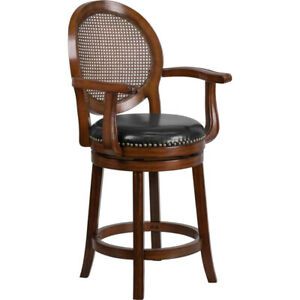 26&#039;&#039; High Expresso Wood Counter Height Stool With Arms And Black Leather Swivel