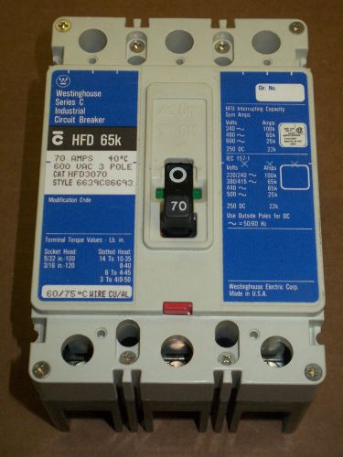 Westinghouse HFD 65k 3 pole 70 amp 600v HFD3070 Circuit Breaker Blue Paper Label