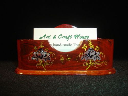 NEW Hand Carved Wood Art Mother Of Pearl inlaid FLOWERS Card &amp; Pen Holder