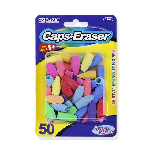NEW Bazic Pencil Top Erasers, Assorted Colors, Pack of 50
