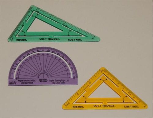 SET OF 3 VIEW-THRU SAFE-T 2 TRIANGLES &amp; 1 PROTRACTOR PLASTIC / USED