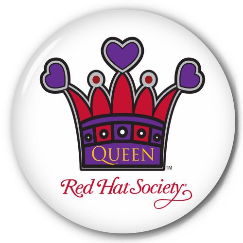 S10 RED HAT SOCIETY 3&#034; QUEEN CROWN PIN BACK BUTTON OFFICIAL LICENSED PRODUCT