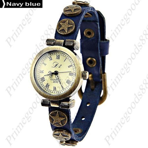 Star Round Analog PU Leather Lady Ladies Quartz Wristwatch Women&#039;s Navy Blue