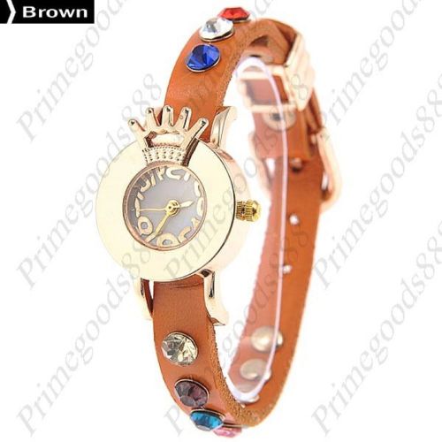 Crown Rhinestones Analog PU Leather Lady Ladies Quartz Wristwatch Women&#039;s Brown
