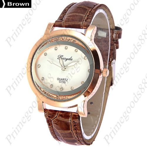 Round rhinestones pu leather lady ladies analog quartz wristwatch women&#039;s brown for sale