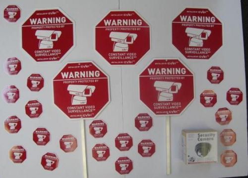 LOT OF CCTV WARNING RETAIL SECURITY CAMERA SIGNS W POSTS DECALS &amp; FAKE CAMERA