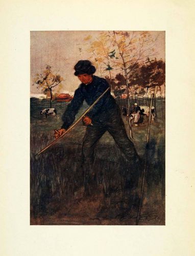 1904 Print Nico Jungmann Art Holland Boy Hand Mowing Lawn Cattle XGE7