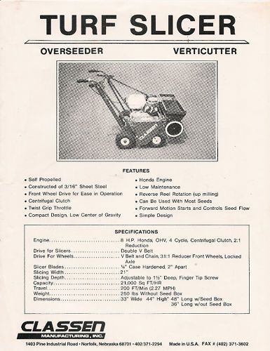Classen Turf Slicer Overseeder Verticutter Brochure 75A