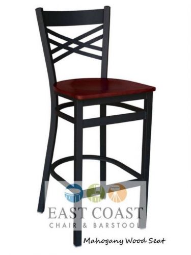 New Commercial Cross Back Metal Bar Stool with Mahogany Wood Seat