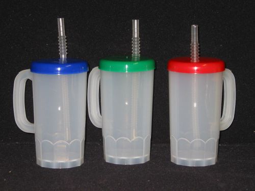 6 BEER MUGS COLORED DISC LIDS STRAWS  LARGE 22 OUNCE MFG USA RECYCLABLE NO BPA