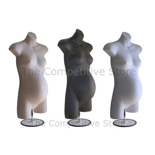 3 maternity female mannequin dress forms with metal base - black + flesh + white for sale