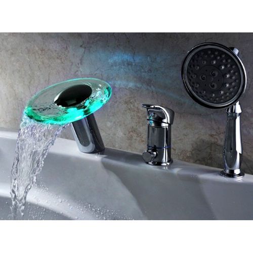 Modern LED 3 Hole Roman Tub Filler Waterfall Tub Faucet with Hand Shower