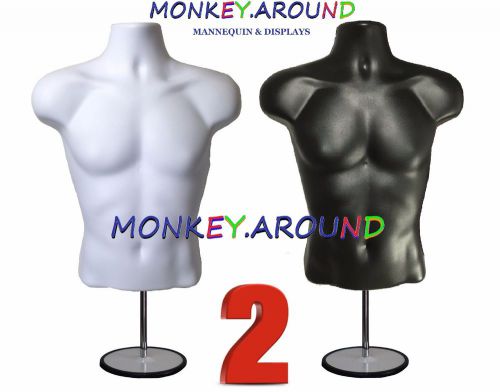 2 Male Mannequin Black White Torso Form +2 Hook +2 Stand - Display&#039;s Shirt Pants