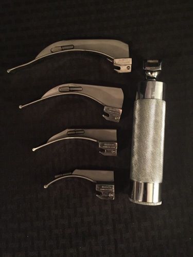 Rusch laryngoscope set w/battery operated handle &amp; 4 blades macintosh 1, 2, 3, 4 for sale
