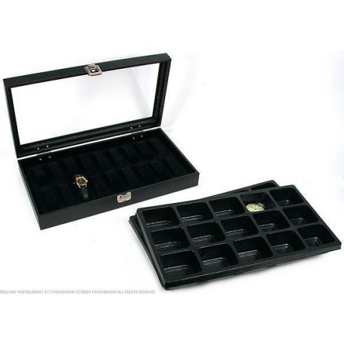 30 Pocket Watch Jewelry Display Tray &amp; Glass Lid Case